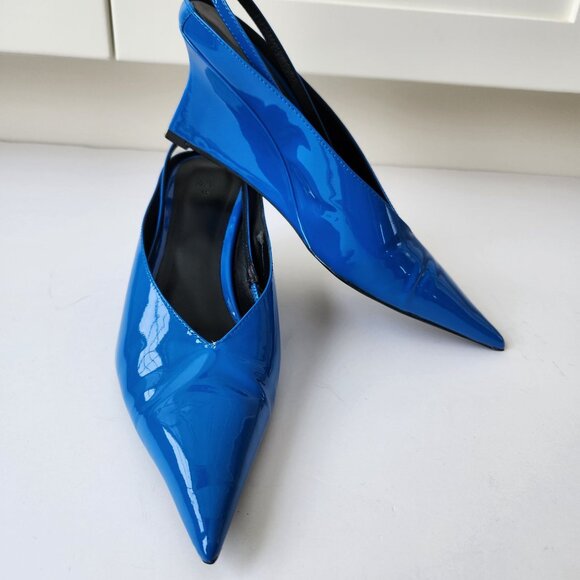 Zara Blue Patent Leather Pointed Toe Kitten Heel Wedge Slingback Shoes Size 38 - Picture 2 of 16